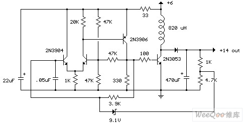 分立器件组成的6V转14V升压电源电路图
