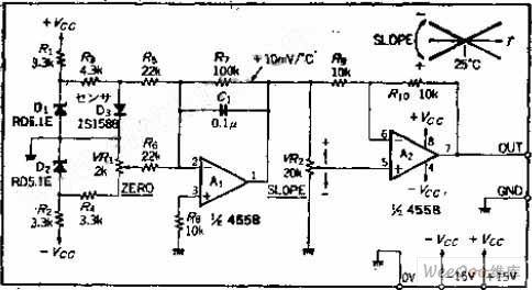 可产生±10MV/℃补偿电压的温度补偿发生电路图