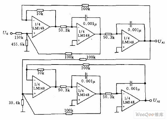 uA741运放组成的四级电信滤波器电路图
