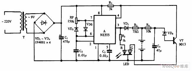 巧用NE555作脉冲式镍镉电池充电器电路图二