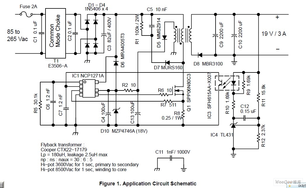 NCP1271设计19V输入AC-DC适配器电路图