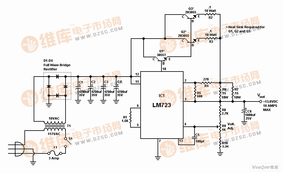 10A13.8V线性稳压电源电路图
