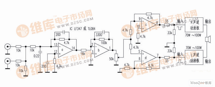 用两个单功放板组成BTL重低音功放电路电路图