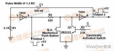 无弹跳开关/单稳态多谐振荡器电路图