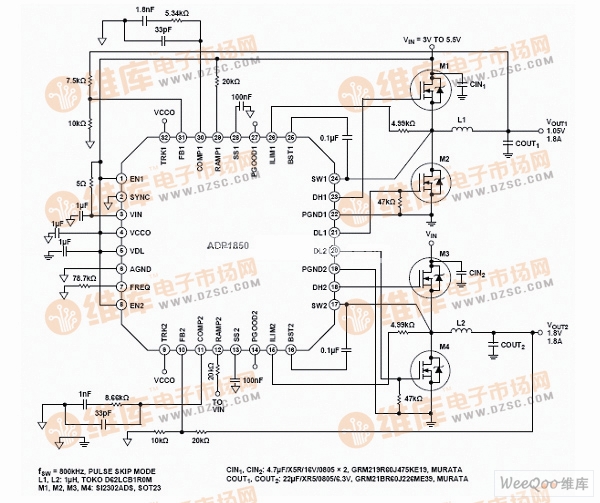 ADP1850 VIN<5.5V的典型低电流应用电路图