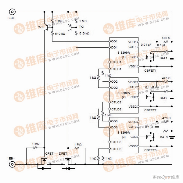 使用S-8209A系列的多节电池串联保护电路