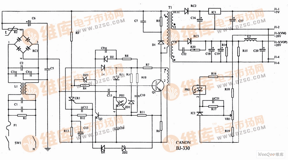 佳能BJ-330型喷墨打印机电源电路工作原理图