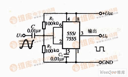 555/7555构成的施密特触发器电路图