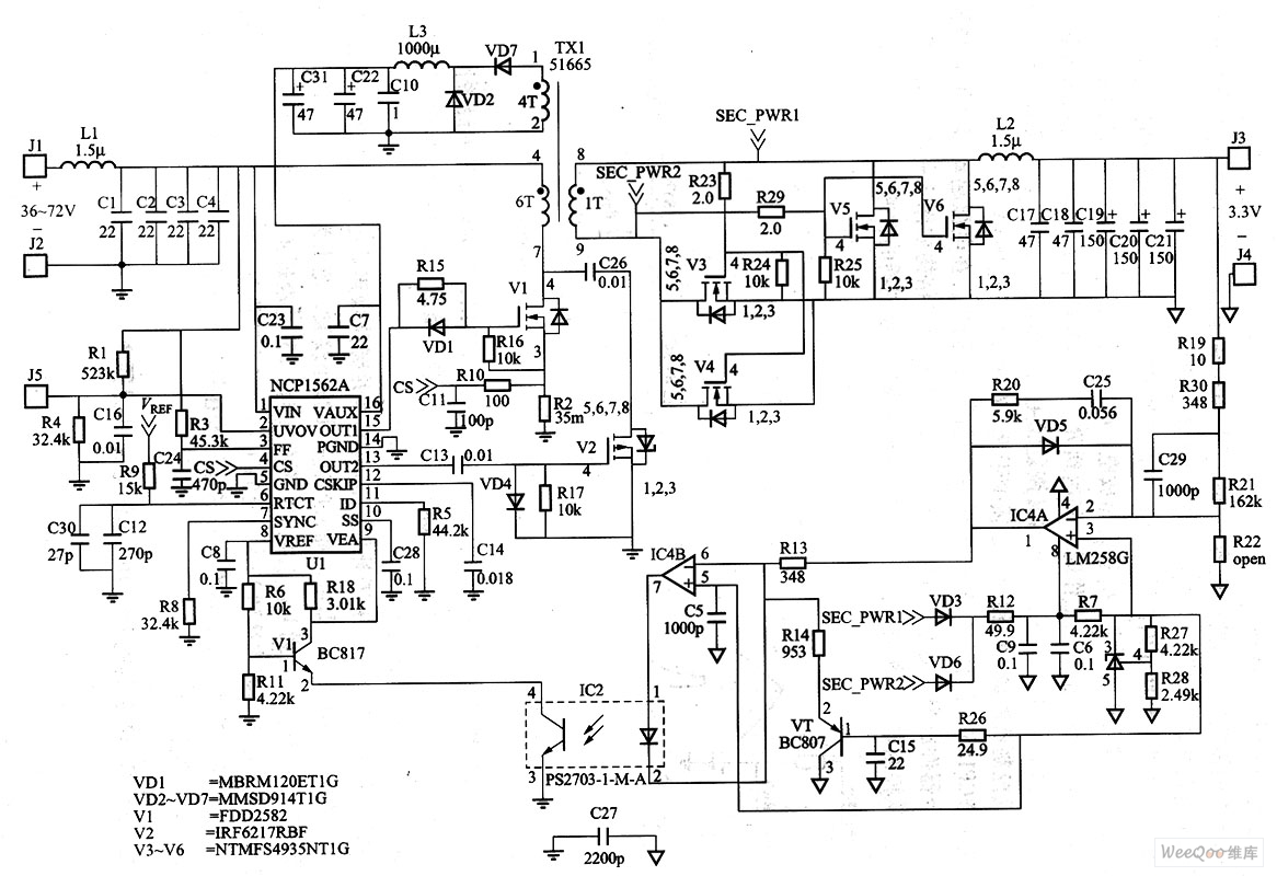 由NCP1562控制的DC/DC电源电路图