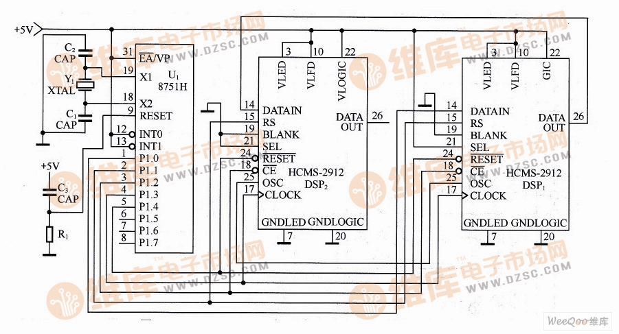 INTEL 8751H与两片HCMS-2912的接口电路图