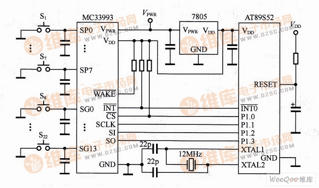 MC33993与AT89S52构成的键盘控制接口电路图
