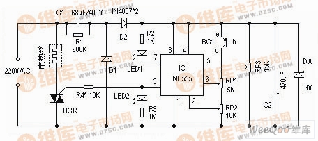 555组成的电热毯温控器电路图