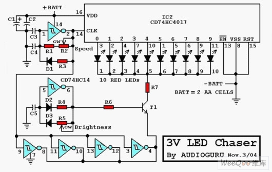 频率及亮度可调LED闪光电路
