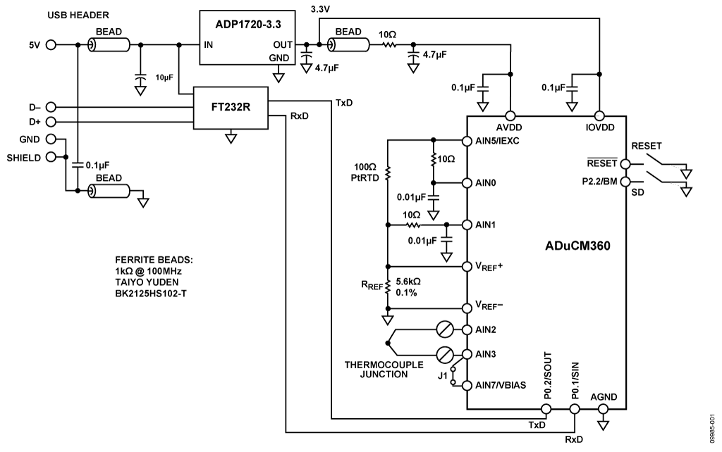 图1. ADuCM360/ADuCM361用作温度监控控制器与热电偶接口