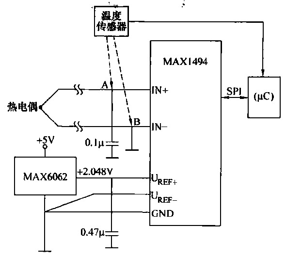 由MAX1494和热电偶构成的测温仪电路图