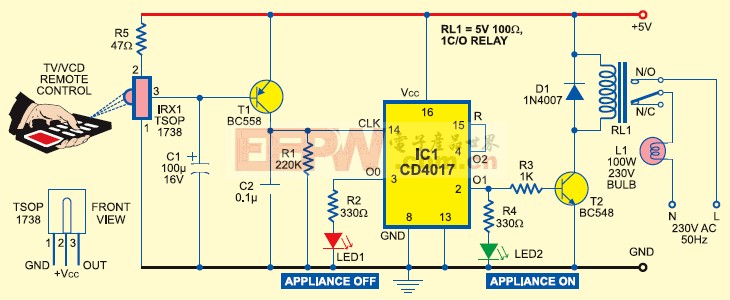 用普通电视遥控器控制其他家电器灯泡，电扇等开关的电路图