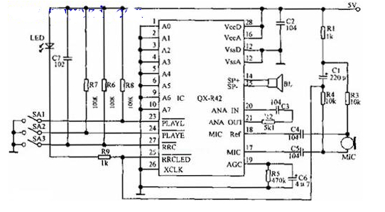 由QX-R42构成单片语音录放集成电路图