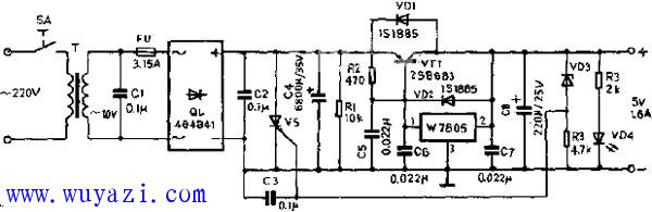 扩流过压保护5V稳压电源工作原理电路图