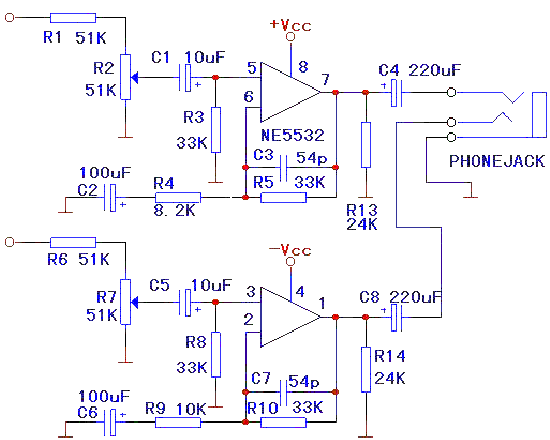 基于NE5532的耳机放大器电路图