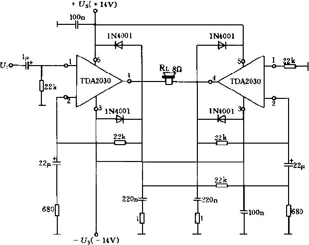 TDA230-25w桥式低频功率放大器电路图